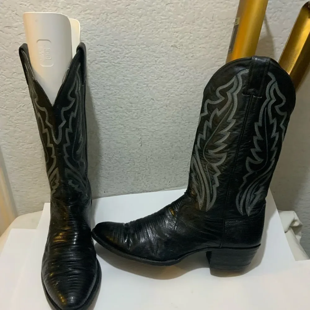 Justin Lizard Skin Leather Cowboy Western Boots Men's 9.5 D Black USA 8313